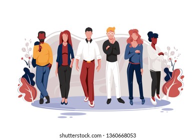 Flat team with men and women with glasses, red, blonde and dark hair. Concept characters in teamwork, african and american people, relationship. Vector illustration.