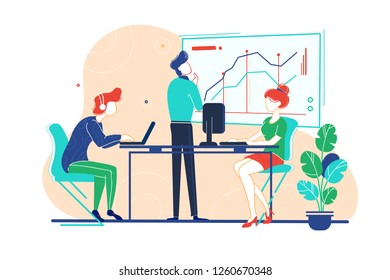 Flat team works on project with help of analytics, computers and graphs in office. Concept young man and woman employee in workplace. Vector illustration.
