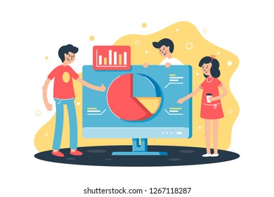 Flat team works on project with help of analytics, computer and diagram in office. Concept smile young man and woman employee in workplace. Vector illustration.