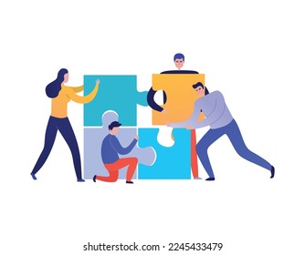 Flat teamwork concept with people doing puzzle together vector illustration