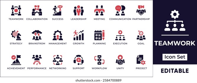 Flat teamwork icon set featuring collaboration, leadership, corporate success, brainstorming, communication, and productivity. Perfect for teamwork and collaboration projects.