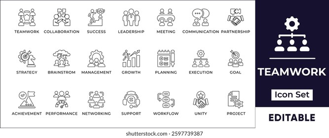 Flat teamwork line icon set featuring collaboration, leadership, corporate success, brainstorming, communication, and productivity. Perfect for teamwork and collaboration projects.
