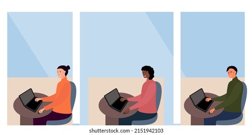 Flat teamwork online multiracial modern people. Flat vector illustration.