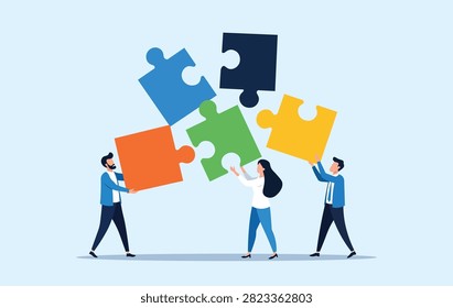 Flat teamwork puzzle vector illustration for collaboration concept.