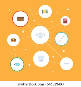 Flat Teapot, Casserole, Loaf And Other Vector Elements. Set Of Kitchen Flat Symbols Also Includes Uniform, Pan, Kitchen Objects.