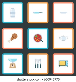 Flat Teapot, Silverware, Fried Poultry And Other Vector Elements. Set Of Cooking Flat Symbols Also Includes Bowl, Pan, Skillet Objects.