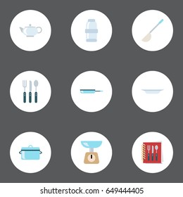 Flat Teapot, Spice, Silverware And Other Vector Elements. Set Of Gastronomy Flat Symbols Also Includes Frying, Shaker, Recipe Objects.