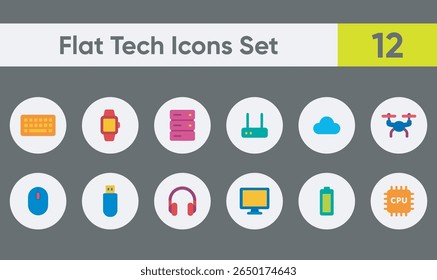 Flat Tech Icon Set, Colorful, Minimalist Technology Symbols Including Devices, Gadgets, Network Tools and Storage.