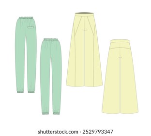 Flat and technical design of casual and comfortable pants with attractive pastel colors for production in the fashion and clothing industry 
Women's pants vector design.