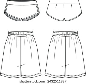 Dibujo técnico plano de mini boxer shorts y bermudas shorts,
conjunto de ropa de mujer