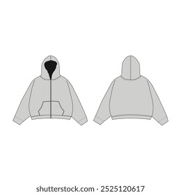 Flat Technical Drawing of a Zip-Up Hoodie - Front and Back View