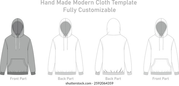 Flat Technical Drawing of a Zip-Up Hoodie - Front and Back View, Zip Up Hooded Sweatshirt Zip Sweatshirt Flat Technical Drawing Illustration 