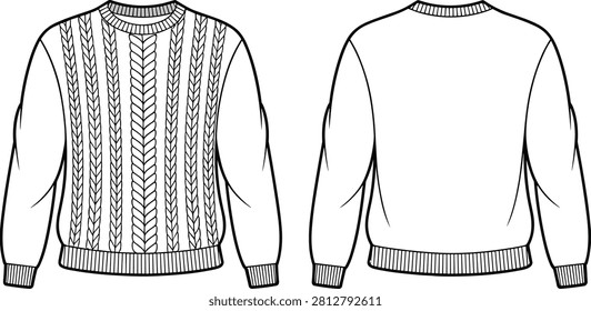 Flat technical sketch of a classic white cable knit sweater, displaying detailed front with patterns and plain back view for textile design.