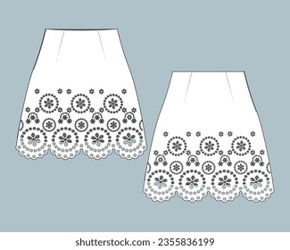 flat technical sketch drawing template A-line skirt with lace fashion details. vintage lace cotton design vector illustration. lace fashion CAD mock-up design for clothing, garments, apparel.