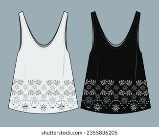 flat technical sketch drawing template tank top with lace fashion details. vintage lace cotton design vector illustration. lace fashion CAD mock up design for clothing, garments, apparel.