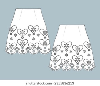 flat technical sketch drawing template A-line skirt with lace fashion details. vintage lace cotton design vector illustration. lace fashion CAD mock-up design for clothing, garments, apparel.