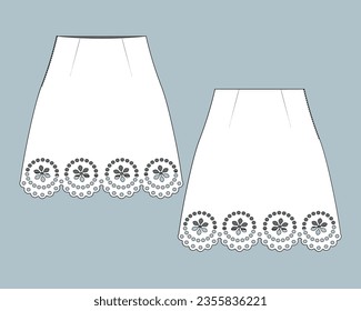 flat technical sketch drawing template A-line skirt with lace fashion details. vintage lace cotton design vector illustration. lace fashion CAD mock-up design for clothing, garments, apparel.