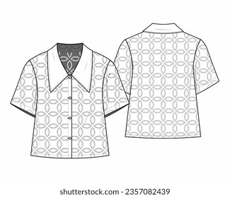 flat technical sketch drawing template shirt with lace fashion details. vintage lace cotton design vector illustration. lace fashion CAD mock up design for clothing, garments, apparel.