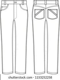 flat technical sketch of fashion jeans in black and white