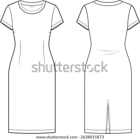 Flat technical sketch of a fitted women's casual knitted dress, front and back view, with crew neck, short sleeves, vertical darts, back slit and opening. Ideal for fashion design, pattern making. 