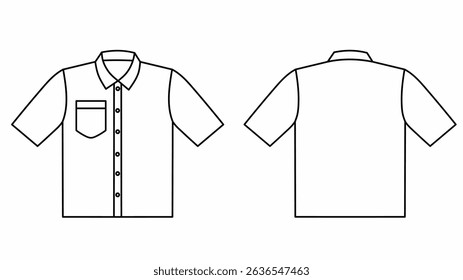 Flat technical sketch of a short sleeve shirt showing front and back views. Clean black outline vector style suitable for fashion design templates, clothing mockups, or garment specification sheets.
