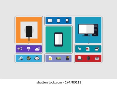 Flat technology background with socket, mobile phone, computer and connected icons. Digital concept with  internet, cloud computing, circuit, usb, pad icons. Vector abstract illustration. 