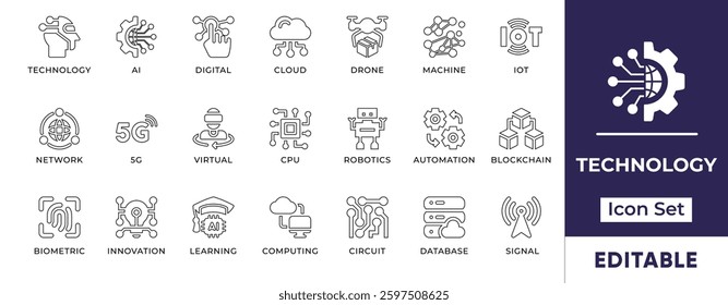 Flat technology icon set featuring AI, digital transformation, IT, computing, automation, robotics, cloud computing, cybersecurity, networking, and innovation-related visuals.