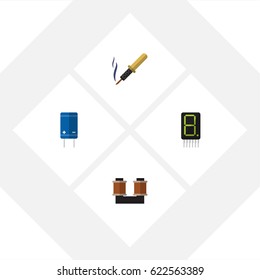 Flat Technology Set Of Coil Copper, Repair, Transistor And Other Vector Objects. Also Includes Electronics, Iron, Display Elements.