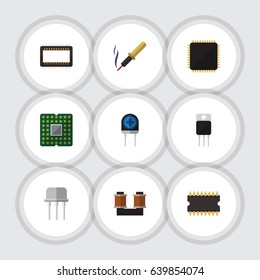 Flat Technology Set Of Mainframe, Coil Copper, Microprocessor And Other Vector Objects. Also Includes Transistor, Fiildistor, Iron Elements.