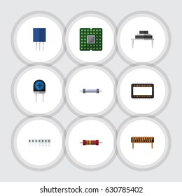Flat Technology Set Of Mainframe, Resistor, Receptacle And Other Vector Objects. Also Includes Transducer, Mainframe, Electronics Elements.