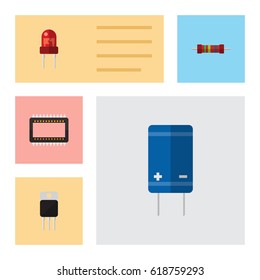 Flat Technology Set Of Recipient, Resistance, Transistor And Other Vector Objects. Also Includes Resistance, Electronics, Mainframe Elements.