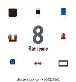 Flat Technology Set Of Transducer, Cpu, Resistance And Other Vector Objects. Also Includes Unit, Receiver, Cpu Elements.
