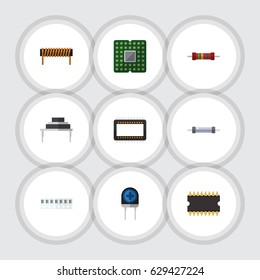 Flat Technology Set Of Transducer, Destination, Bobbin And Other Vector Objects. Also Includes Mainframe, Transducer, Transistor Elements.