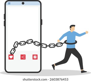 Flat of technology,The big smartphone with social platform over the human and forcing with a rope,social platform are in every activity and every time - Vector"n

