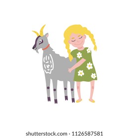 Flat teen girl hugging goat domestic pet standing together. Female kid character emracing adorable funny animal. Vector isolated illustration
