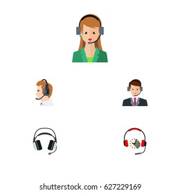 Flat Telemarketing Set Of Headphone, Telemarketing, Earphone And Other Vector Objects. Also Includes Secretary, Earphone, Headphone Elements.