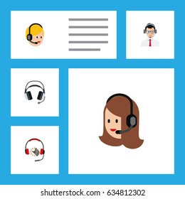 Flat Telemarketing Set Of Headphone, Earphone, Service And Other Vector Objects. Also Includes Hotline, Operator, Center Elements.