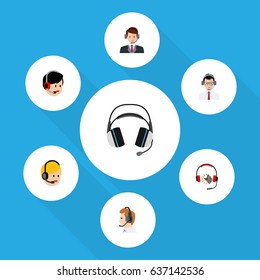 Flat Telemarketing Set Of Help, Call Center, Telemarketing And Other Vector Objects. Also Includes Hotline, Secretary, Help Elements.