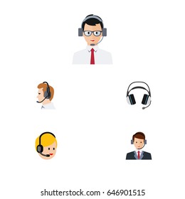 Flat Telemarketing Set Of Help, Earphone, Telemarketing And Other Vector Objects. Also Includes Online, Earphone, Secretary Elements.