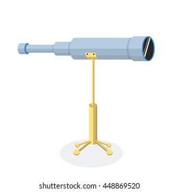 Flat telescope blue and gold colors. Vector illustration, icon. Modern design