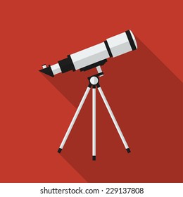 Flat telescope with long shadow. Vector illustration, icon. Modern design