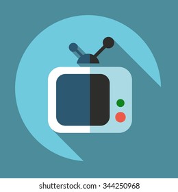 Flat Television Icon with Shadows on a Blue Circular Button.