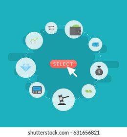 Flat Teller Machine, Jewel Gem, Verdict And Other Vector Elements. Set Of Banking Flat Symbols Also Includes Bar, Auction, Billfold Objects.