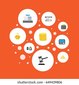 Flat Teller Machine, Till, Verdict And Other Vector Elements. Set Of Finance Flat Symbols Also Includes Register, Money, Small Objects.