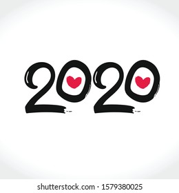 Planta plana 2020 con corazones rojos. Feliz Año Nuevo 2020 logo vectorial. Tarjeta de plantilla de diseño, portada, calendario, folleto, afiche, banner. 
