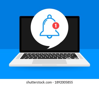 Plantilla plana con alerta de campana y portátil con fondo azul para el diseño de aplicaciones móviles. Interfaz de aplicación. Símbolo de signo de comentario. Ilustración vectorial.
