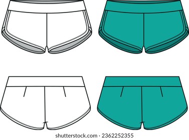 Flat template drawing and colored illustration of mid-waist mini women's jersey shorts