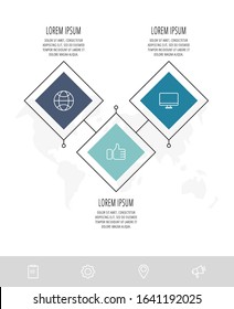 Flat template infographic. Business concept with 3 options and steps. Three rhombus with colorful squares. Can be used for content, flowchart, timeline, levels, marketing, slideshow