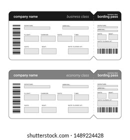 Flat template layout for boarding pass with details and information field. Economy and businees class tickets ickets for airplane. Simple design concept for air company pass. Vector illustration.