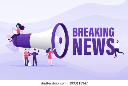 Flat template with megaphone people breaking news for flyer design. Breaking news concept. Flat vector illustration.